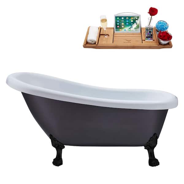 Streamline 61 in. x 27.6 in. Acrylic Clawfoot Soaking Bathtub in Matte Grey with Matte Black Clawfeet and Matte Pink Drain