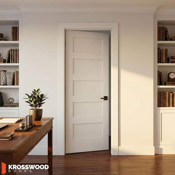 32in. x80in. Shaker 5-Panel Left-Hand Primed Solid Core MDF Wood Assembly Required Interior Door Kit w/QuickAssembleJamb