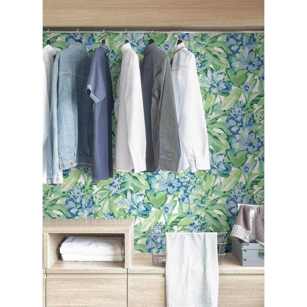 Heather Green and Blue Vinyl Floral Peel and Stick Wallpaper