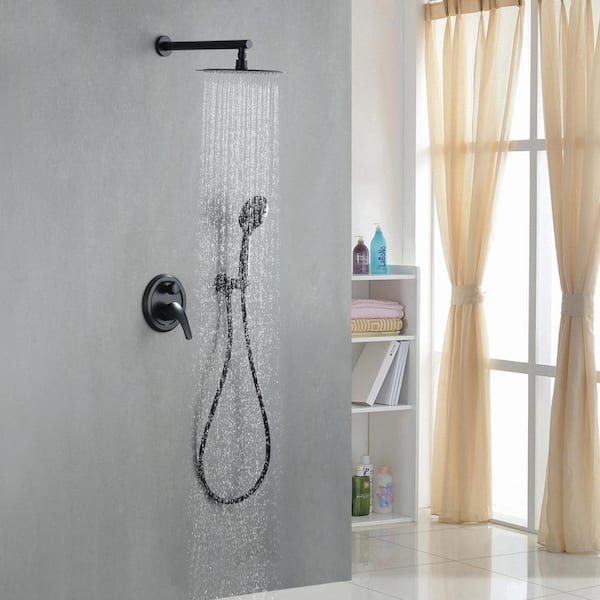 Single-Handle 5-Spray 10 in. Round High Pressure Shower Faucet in Matte Black (Valve Included)