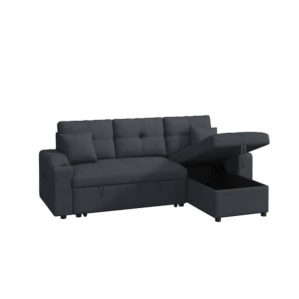 wetiny 96 in. W Square Arms Polyester Mid-Century L Shaped eversible Sectional Sofa in Dark Gray