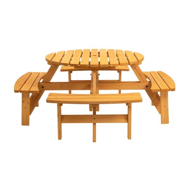 Phewnyzo 70.07 in. Unfinished Wood Round Wood Picnic Table Seats 8 People with 4 Built-in Benches, 2220 lb. Capacity, Natural