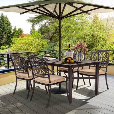 Dack Brown 5-Piece Aluminum Rectangle Table & Stackable Chairs Outdoor Dining Set with Khaki Cushions and Umbrella Hole
