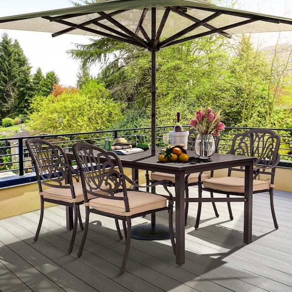 LAUREL CANYON Dack Brown 5-Piece Aluminum Rectangle Table & Stackable Chairs Outdoor Dining Set with Khaki Cushions and Umbrella Hole