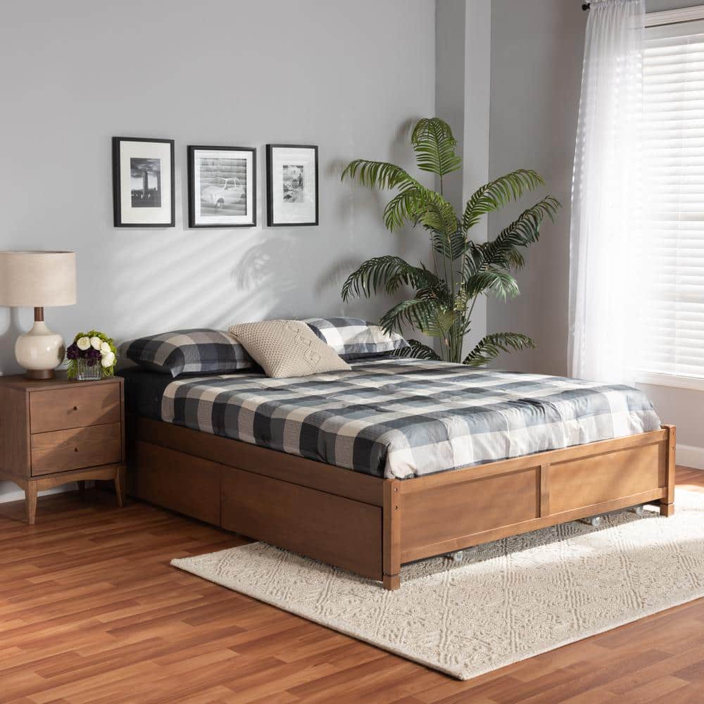 Yara Walnut Queen Bed with Tufted Upholstery and 4 Storage Drawers