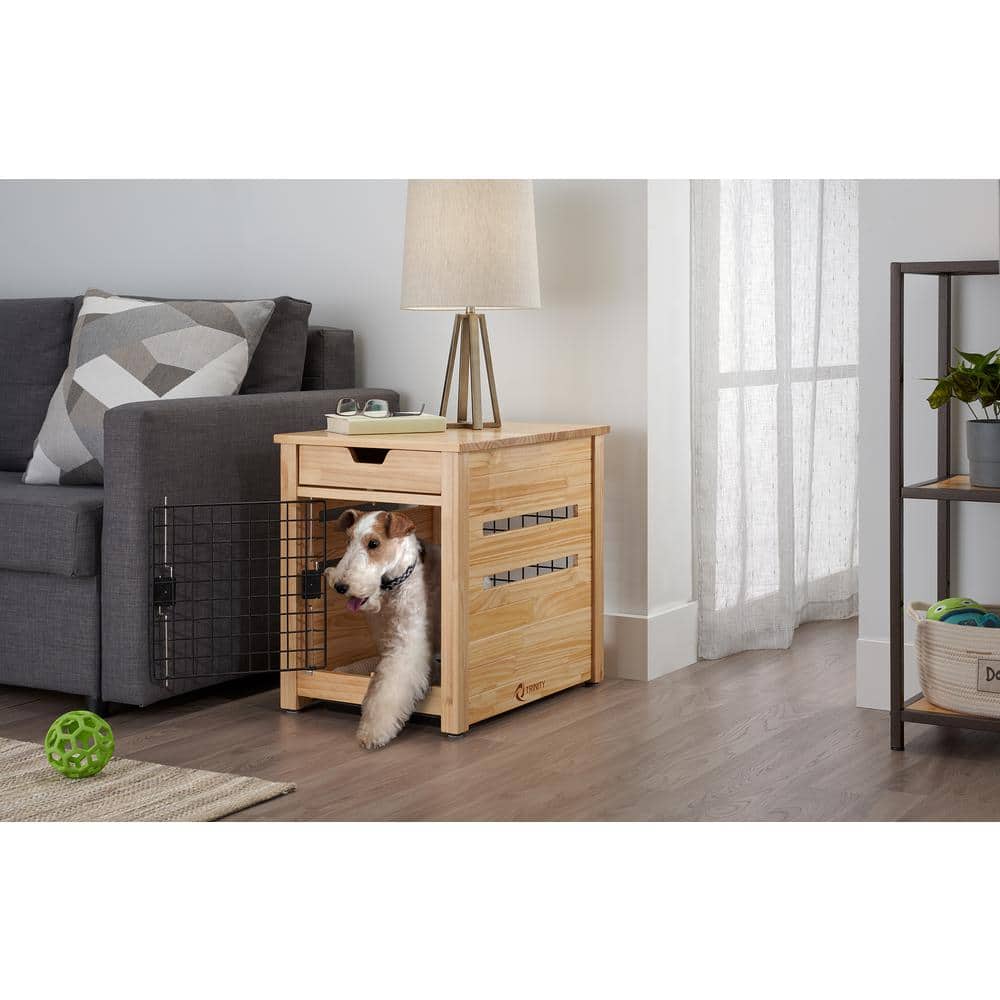 Small Beige and Brown Pine Wood Pet Crate End Table