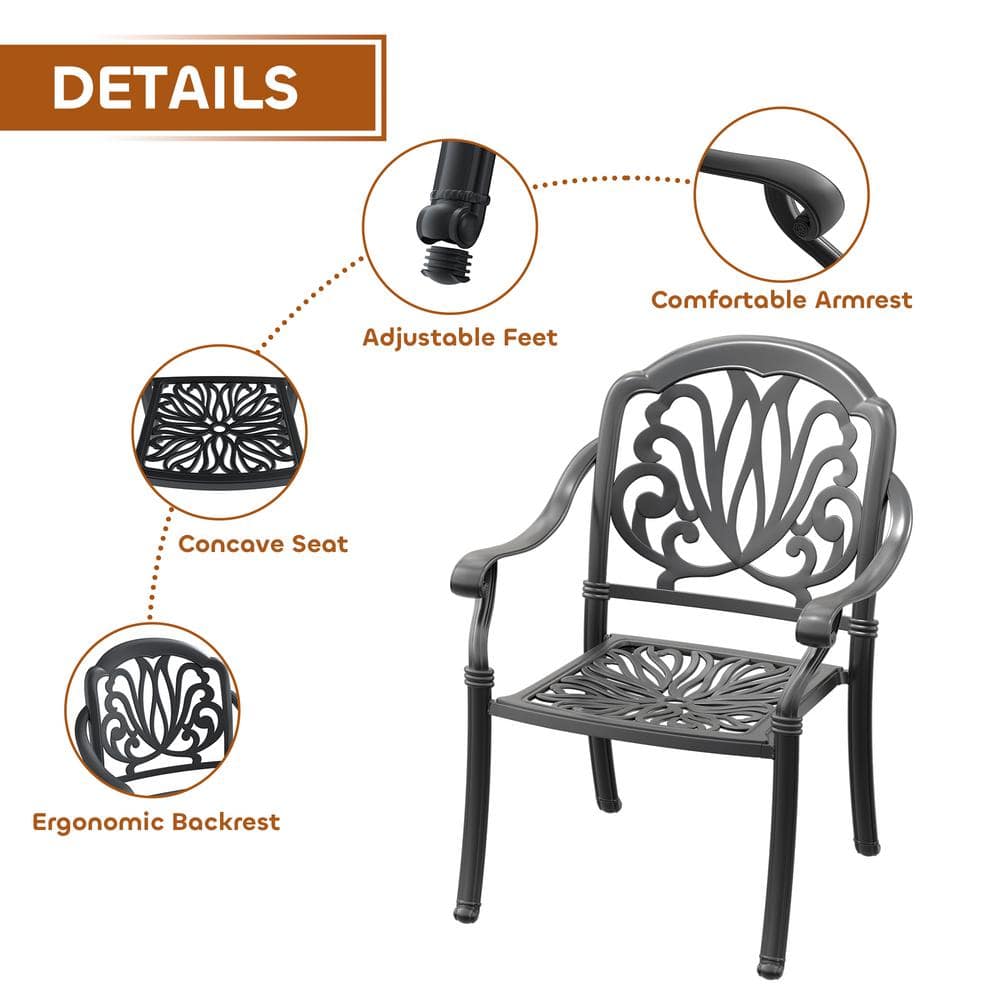 Matte Black Cast Aluminum Dining Chairs with Cushions, Set of 6