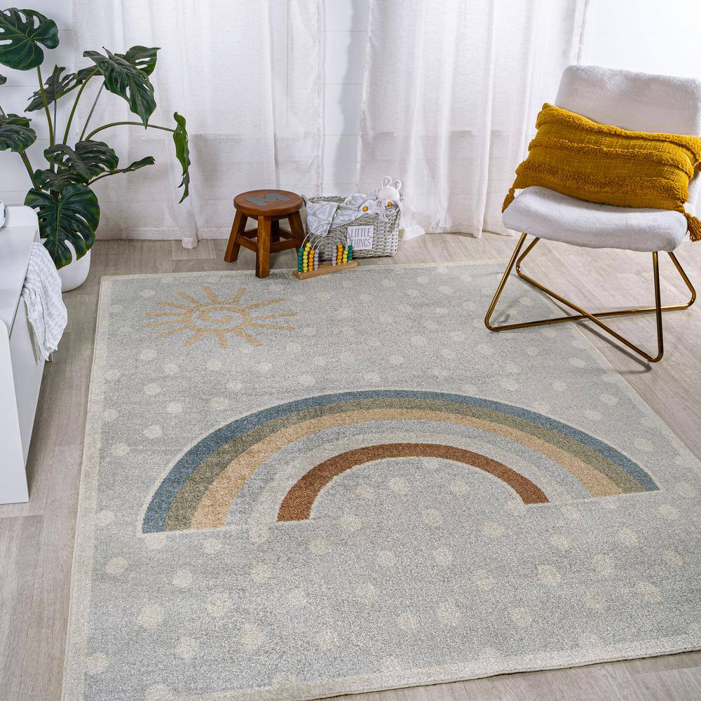 Gray Abstract Rainbow 8' x 10' Washable Kids Rug