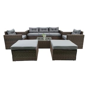 6-Piece Patio Rattan Wicker Furniture Outdoor Conversation Sofa Set with Removable Cushions and Temper Glass TableTop