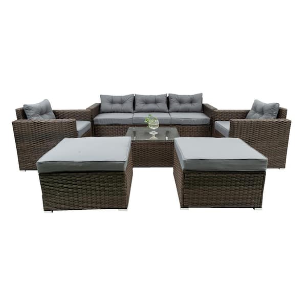 Boosicavelly 6-Piece Patio Rattan Wicker Furniture Outdoor Conversation Sofa Set with Removable Cushions and Temper Glass TableTop