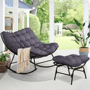Modern Egg Style Large Size Metal Rocking Papasan Chair With Ottoman and Gray Cushion