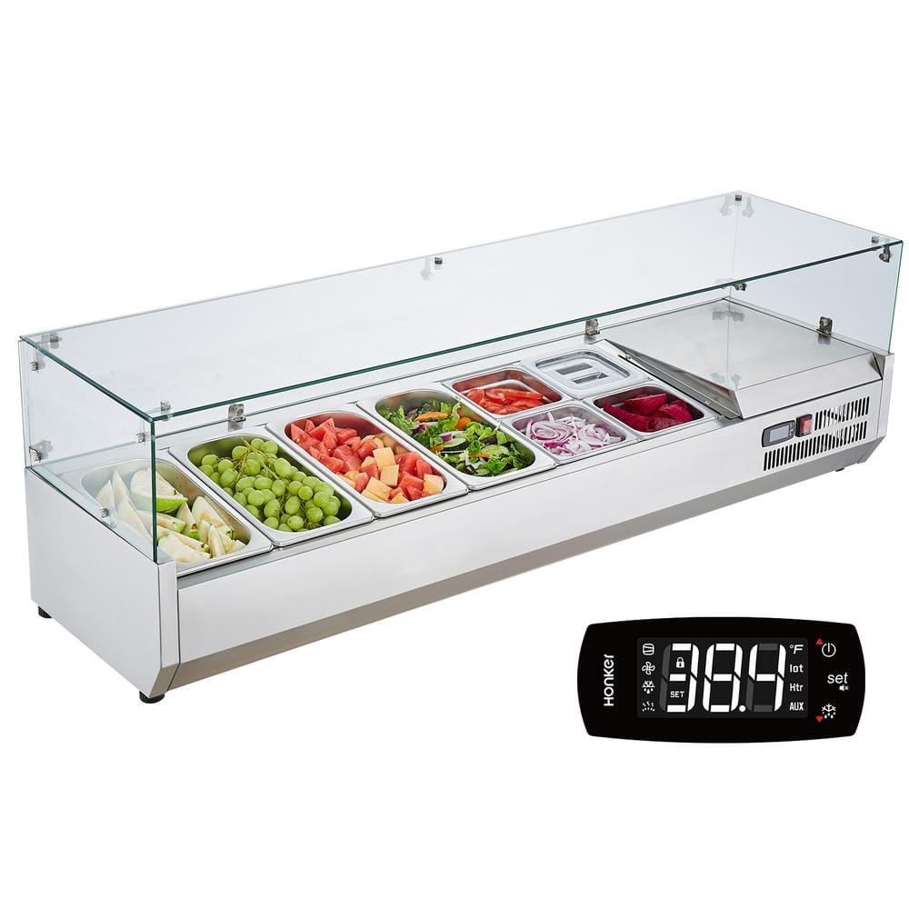 VEVOR Refrigerated Condiment Prep Station 150-Watt Countertop with 4 1/3 Pans and 4 1/6 Pans 304 Stainless Body and PC Lid