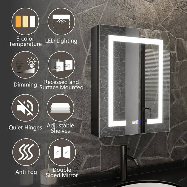 ShineX 20 in. W x 30 in. H Rectangular Black Aluminum Recessed/Surface Mount Right Medicine Cabinet with Mirror LED
