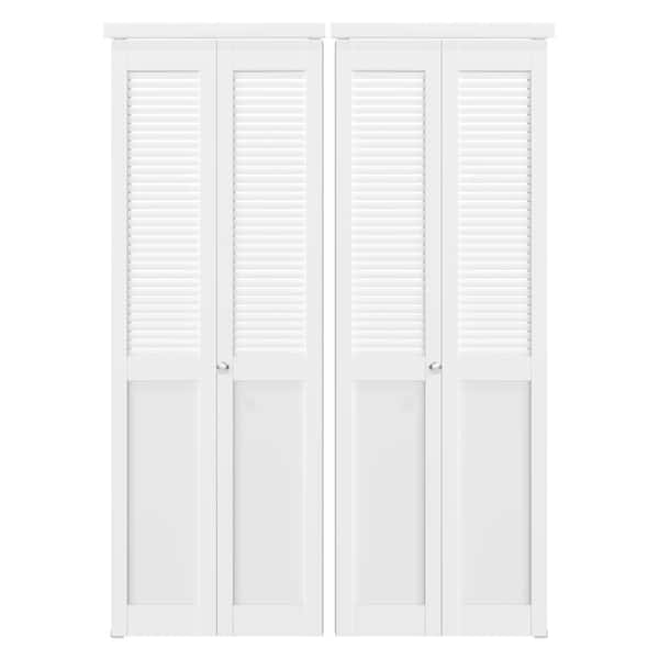60 in. W. x 80 in. Solid Core, MDF Wood, White, PVC Covering, Half Louver Half Panel MDF Bi-fold Door with Hardware Kits