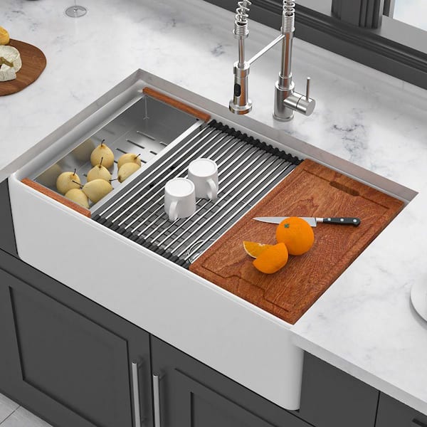 33 in. Farmhouse Single Bowl White Ceramic Kitchen Sink with Workstation