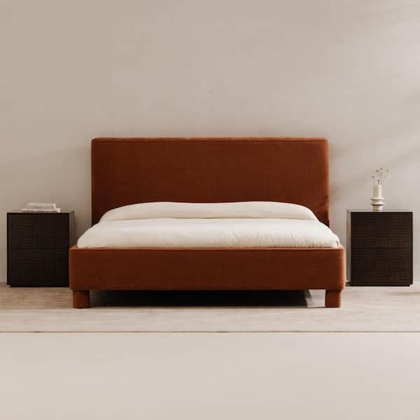 Knox Deep Orange Plywood Frame King Platform Bed with Rounded Edges and Upholstered Headboard