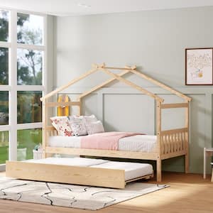 Natural Twin Size Wood House Bed Kids Bed with Twin Size Trundle
