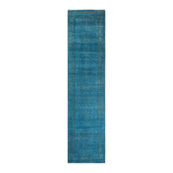 Overdyed Blue 2 ft. x 10 ft. Solid Wool Indoor Runner Rug