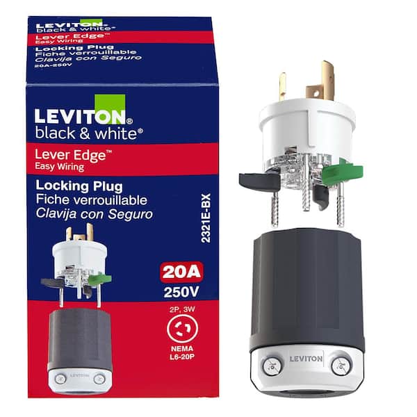 Black & White Lever Edge 20 Amp 250 Volt Locking Plug, NEMA L6-20P, 2P, 3W, Industrial Grade 2321E-BX