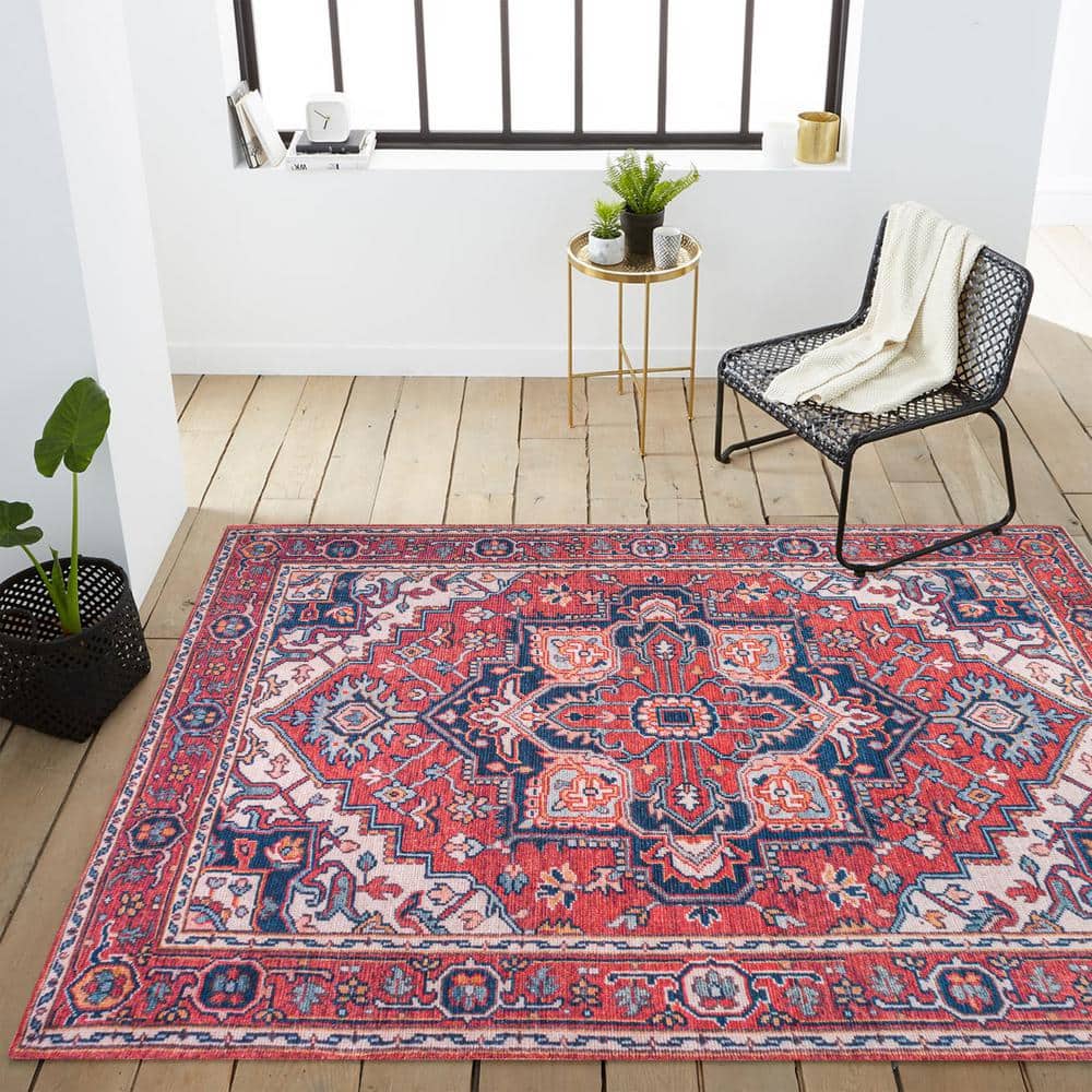 Bohemian Diamond Medallion 3x5 Red/Navy Easy-Care Area Rug