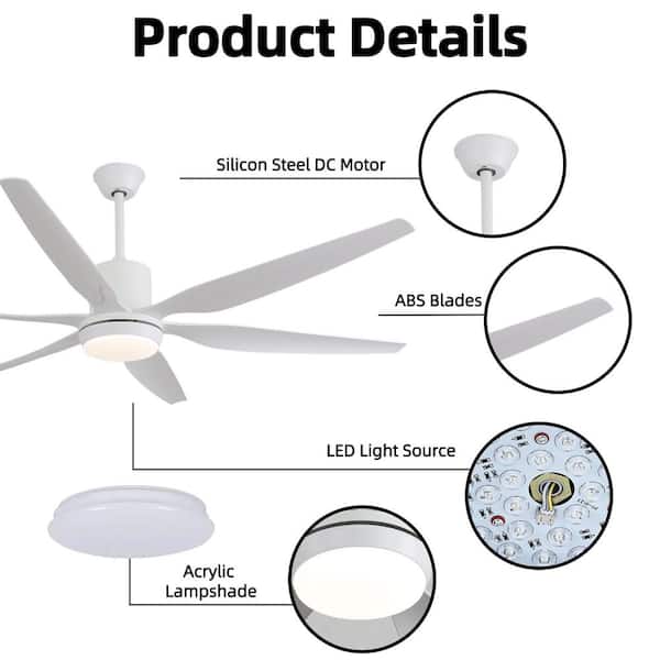 Keazile 66 in. White Modern Downrod Mount Ceiling Fan with