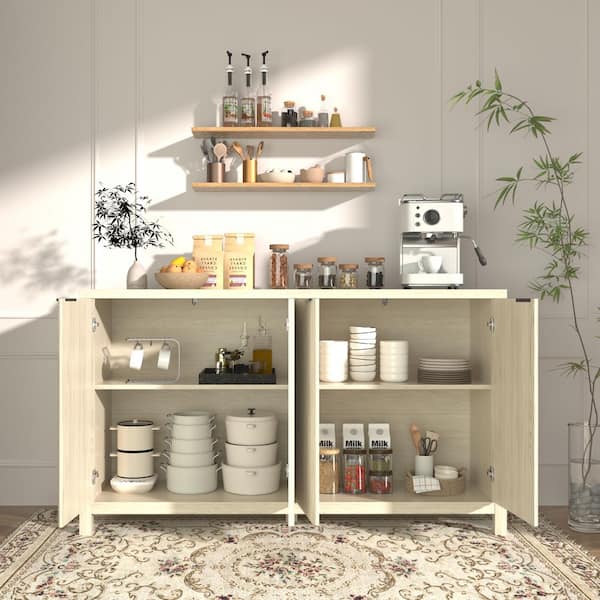 VEIKOUS Accent Buffet Cabinet Wood Color Particle Board Top 55 in. Sideboard with Adjustable Shelves and Fluted Doors