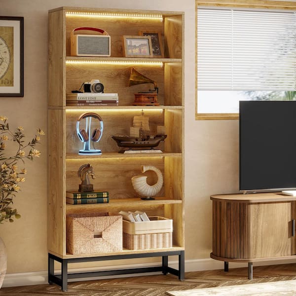 Eulas 71 in. Tall Light Brown 5-Shelves Standard Wooden Bookcases with Open Storage and LED Strips