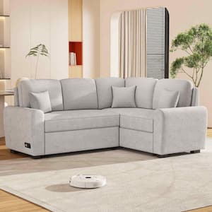 87.4 in. Square Arm Chenille L -Shaped Sofa with USB Charging Port and Plug Outlet in Grey