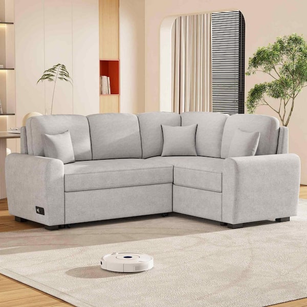 Polibi 87.4 in. Square Arm Chenille L -Shaped Sofa with USB Charging Port and Plug Outlet in Grey