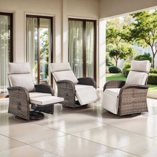 PlainCurve 3-Piece Brown Wicker Outdoor Adjustable Swivel Recliner Chair with Beige Cushions