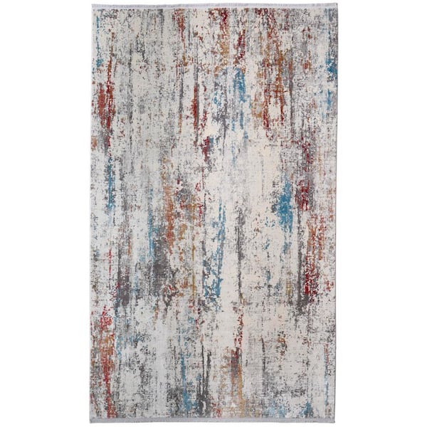 5 X 8 Gray, Blue, Red Abstract Area Rug