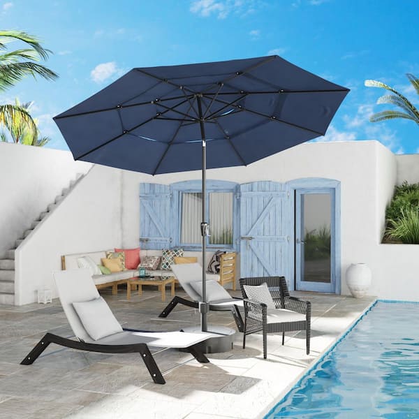 11 ft. Outdoor Beach Umbrella with 3-Tier Vented Canopy Patio Umbrella with 8 Heavy-Duty Ribs, Crank Tilt in Navy Blue