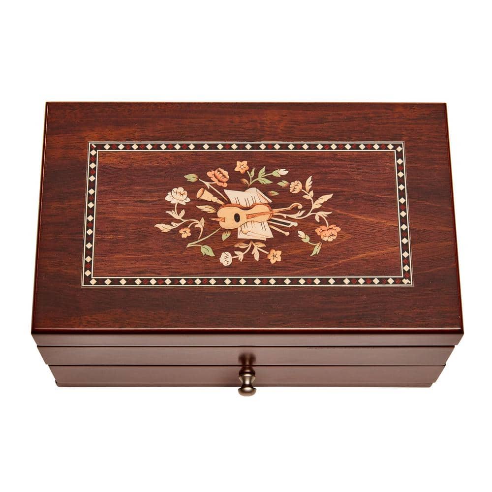 Walnut Florentine Motif Wooden Jewelry Box with Mirror