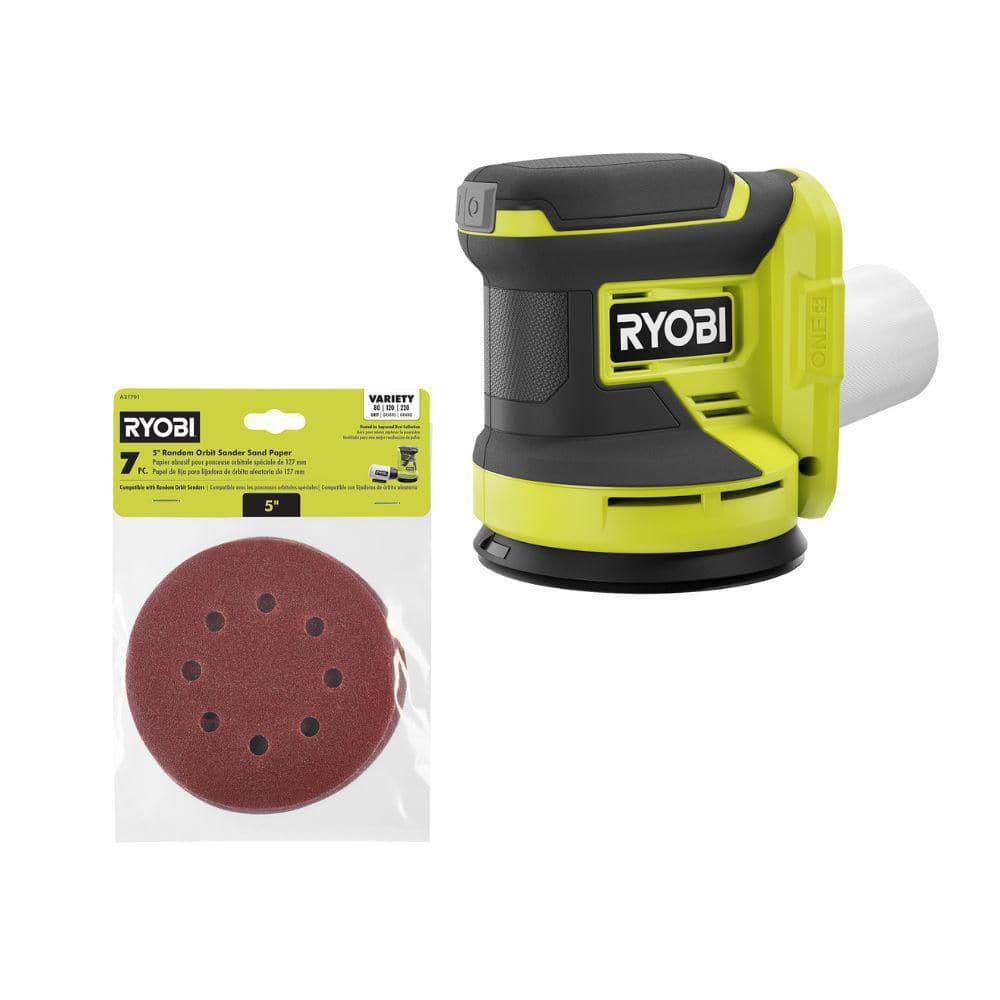 RYOBI ONE 18V Cordless 5 in. Random Orbit Sander Tool Only with 7 Piece 5 in. Random Orbit Sand Paper Assortment PCL406B A21701 The Home Depot