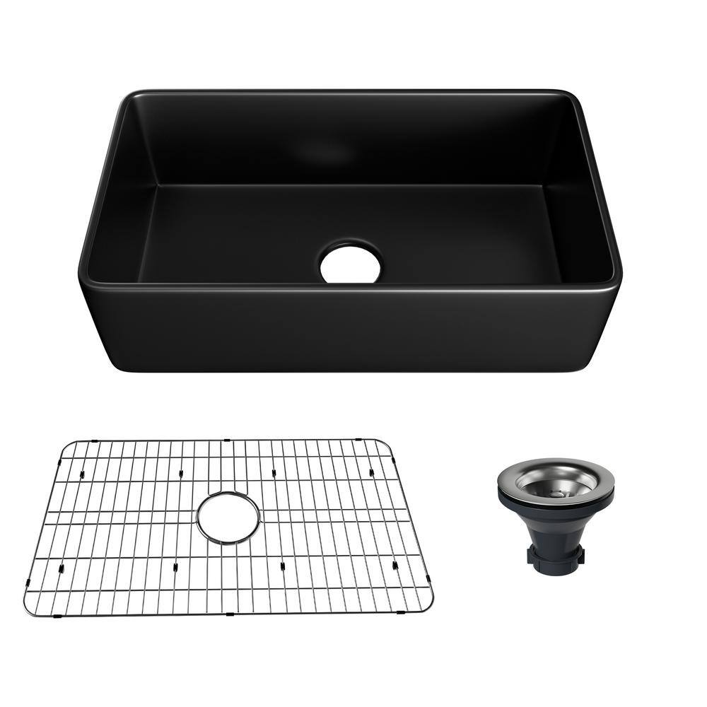 33 in. Farmhouse/Apron-Front Single Bowl Black S1 Fine Fireclay Kitchen Sin