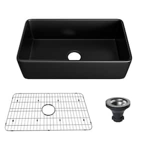 33 in. Farmhouse/Apron-Front Single Bowl Black S1 Fine Fireclay Kitchen Sink with Bottom Grid and Strainer Basket