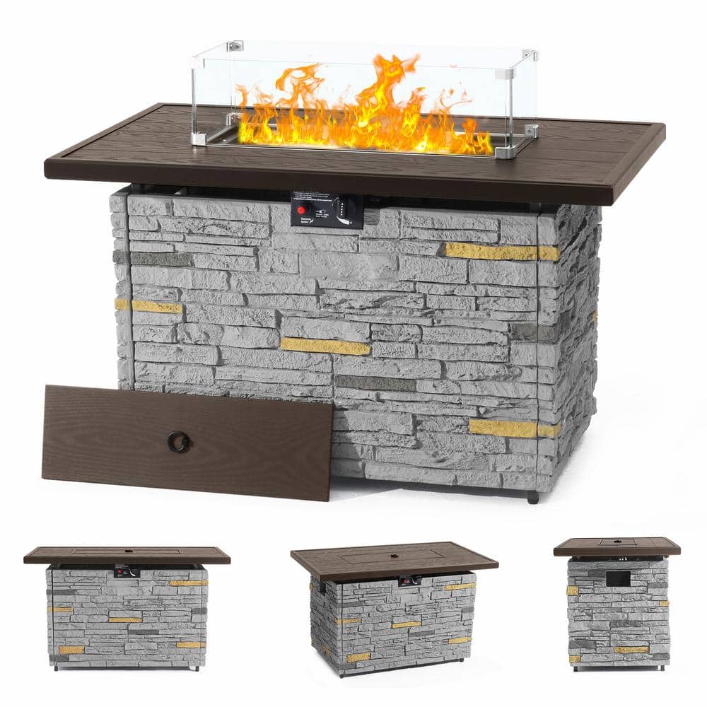 43" Gray Stone Propane Fire Pit Table with Glass Wind Guard