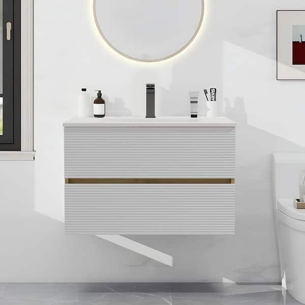 Paterno 29.63 in. W x 17.93 in. D x 18.79 in. H Single Sink Floating Natural Oak Bath Vanity w/ White Ceramic Vanity Top