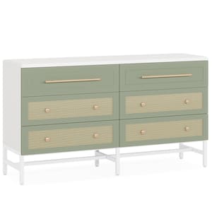 32 in. H x 56 in. W x 15 in. D White Rooney 6-Drawer 56 in. W Dresser, Modern Rattan Dresser for Bedroom, Green