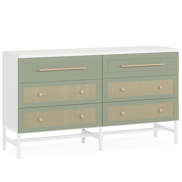 BYBLIGHT 32 in. H x 56 in. W x 15 in. D White Rooney 6-Drawer 56 in. W Dresser, Modern Rattan Dresser for Bedroom, Green