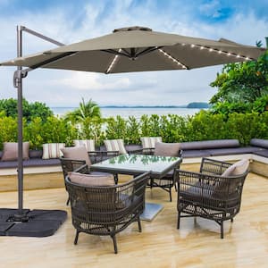 10 ft. Solar LED Cantilever Patio Umbrella with Cross Base, Outdoor Offset Hanging 360° in Taupe