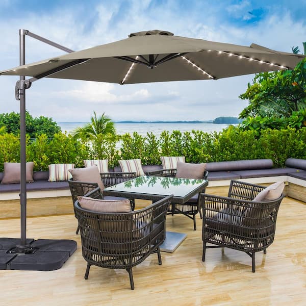 JOYESERY 10 ft. Solar LED Cantilever Patio Umbrella with Cross Base, Outdoor Offset Hanging 360° in Taupe