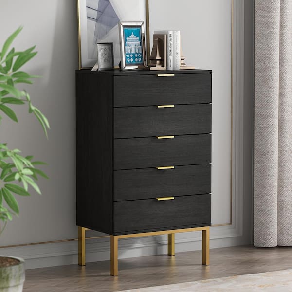 FUFU&GAGA 5-Drawer Black Wood Chest of Drawer Accent Storage