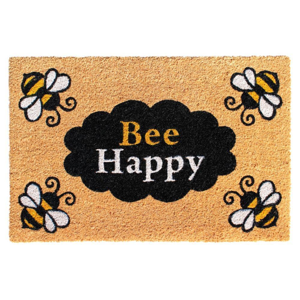Welcome Bee Happy Natural 18 in. x 30 in. Coir Non-Slip Outdoor Door Mat