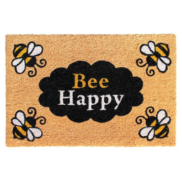 Unbranded Welcome Bee Happy Natural 18 in. x 30 in. Coir Non-Slip Outdoor Door Mat