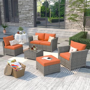 Bexley Gray 6-Piece Wicker Patio Conversation Seating Set with Orange Red Cushions