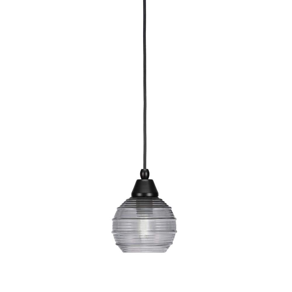 Bryson 6 in. 1-Light Matte Black Cord Pendant Light with 6 in. Smoke Ribbed