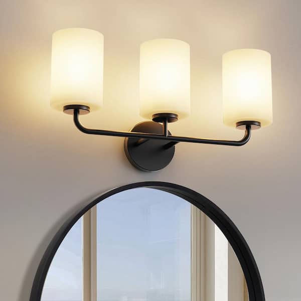 YANSUN 21 in. 3-Light Black Vanity Light with Cylinder White Glass Shades for Bathroom, Living Room, Entryway