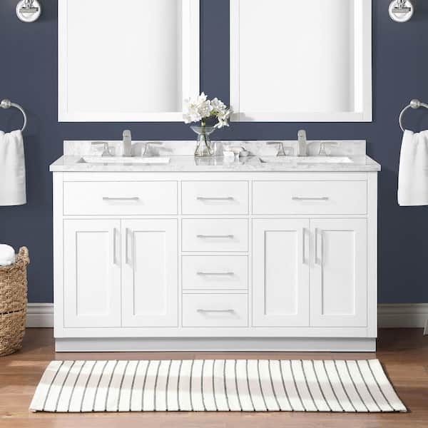 OVE Decors Athea 60 in. Freestanding  White Bath Vanity with White Engineered Marble Top, Power Bar and Brushed Nickel Hardware