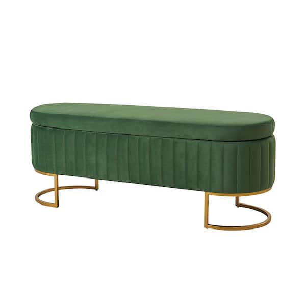 JAYDEN CREATION Olga Olive 50 in. Wide Modern Upholstered Storage Bench with Golden Metal Sled Legs
